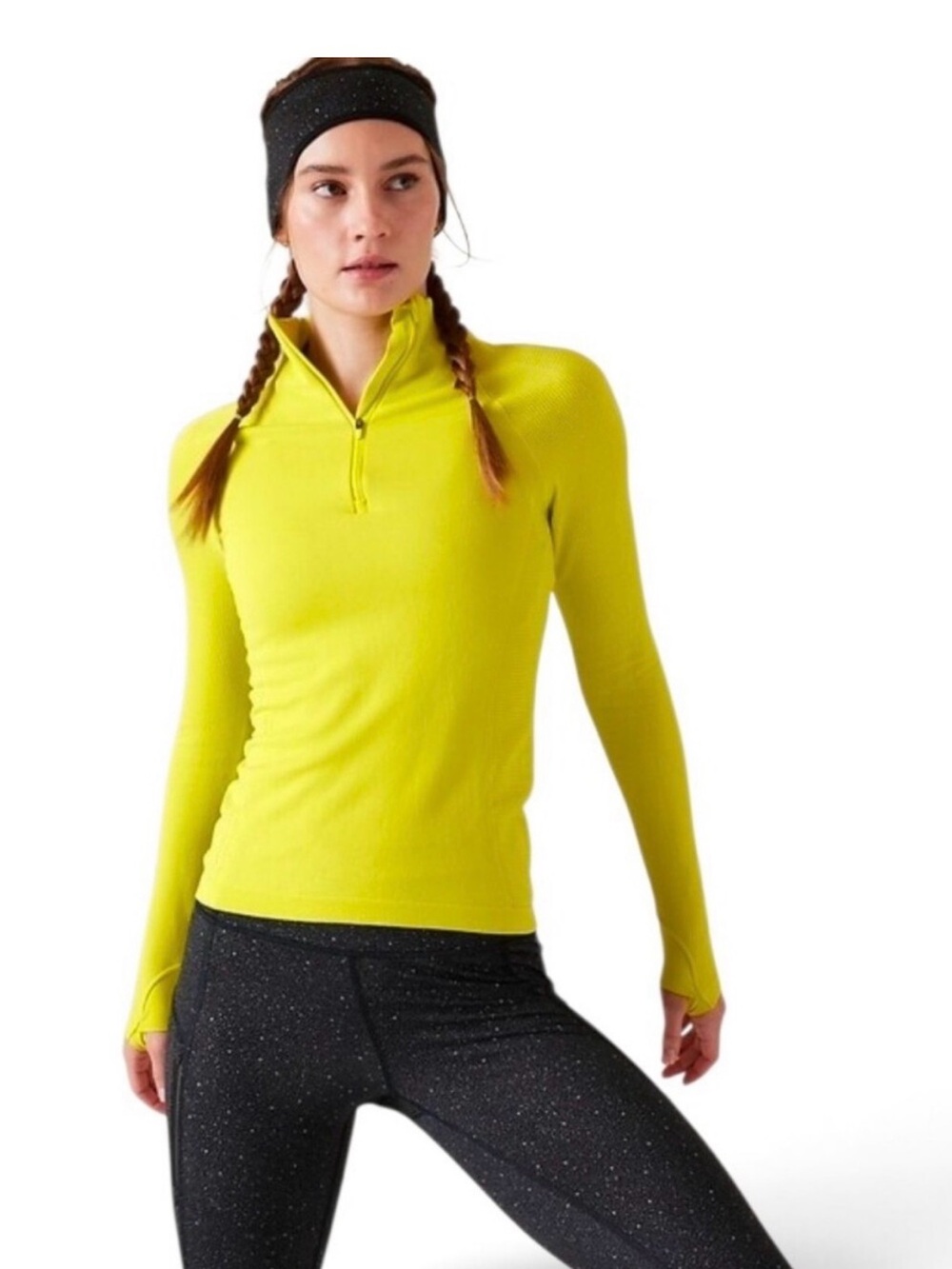 Athleta Flurry Half Zip Mock Neck Top Long Sleeve Neon Green Yellow Women’s XS